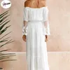 Lässige Kleider Sommer sonnengelanger Frauen weißer Spitze Strand trägerloser lang Ärmel lose sexy Off Schulter Boho Baumwolle Maxi weibliche Kleid