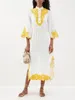 Casual Dresses Linen 2024 Spring Summer Top Quality Vintage White Yellow Lace Patchwork Embroidery Buttons Woman Midi Dress