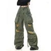Women's Jeans Cargo Pocket Women Green Vintage Fashion Y2K Streetwear Wide Jean Grunge Aesthetic Trouser 2024 Baggy Denim Pant Plus Size