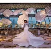 Kleider South Meerjungfrau afrikanische Ärmeln Spitzen Applikationen plus Größe bloßer Nackenbrautkleider durch den Rücken lange Hochzeitsvestidos