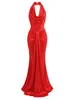 Casual jurken modphy vrouwen sexy backless mouwloze halter v-neck rood gedrapeerde maxi long bodycon jurk 2024 elegante Pary Evening Wedding