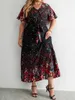 Casual Dresses Plus Size Dress Woman 2024 Summer V Neck Short Sleeve Floral Print Long Black Curvy Women Clothing