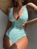 Swimwear femminile 2024 Striped One Piece Swimsuit Vintage Women V-Neck Bareding Sumping Sumping Body Summer Beachwear Body