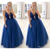 Sexy Cheap A Line Prom Long Deep V-Neck Tulle Spaghetti Strap Formal Party Evening Gowns Special Ocn Dresses Vestidos De Fiesta 0430