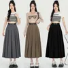 Signe Figohr 2024 Summer Vintage Grey Grey Full Full Waist Solid High Wirt A-Line Slim Midi Gonna (regalo a cintura gratuita)