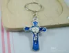 MIC 60PCS Niebieski kolor emalia Jezus Chrystus Cross Charm Chair Key Pierścień DIY Jewelry2850397