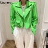 Lautaro Y2K Short Green Gecko Biker Läderjacka Långärmad dragkedja Bälte färgade eleganta ytterkläder för kvinnors mode 240428