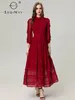 Robes décontractées seqinyy élégante robe rouge midi summer fashion design women piste lace lace creux out plied a-line fête high street