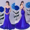 Royal Blue Mermaid aftonklänningar Sexig V Neck Backless Applicies Lace Prom Gowns Sweep Train Special OCN Formal Dress 0430