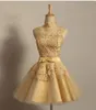 Charming Homecoming Dresses Gold Lace High Neck Sleeveless With Bow Waist Short Prom Gown Cocktail Party Dresses7313556