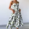 Basic Casual Dresses 2024 summer strap midi dresses women frond leaf print button pockets v neck holiday Vintage beach a line party dress robes Y240429