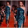 Elie Saab Pea Blue One Shoulder Long Sleeve Sheath Prom Side Split Dreess 스팽글 공식 저녁 착용 0430