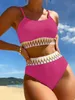 Frauen Bikini Bikini Badeanzug High Tailled Split Body Swimwear Stripe Schwimmanzug Solid Farbe sexy Damen Sommerferienfeier Outfits D240429