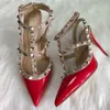 designer heels women sandals thin heel metal vbutton pointed black red matte classic brand leather studded spikes slingback luxury wedding dresses party sandal 1