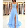Sukienka baby Blue Bridesmaids A line koronkowe paski imprezowe sukienki uda podzielone pliski szyfonowe sukienki druhny na specjalne OCNS es