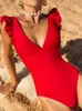 Swimwear femminile Peachtan Solid Swimwear 2023 New V Neck Bikini Red One Piece Swimsuit Women Suit Suit Swimmingwear Swimeswiding Bareding Abita