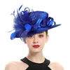 Chapeaux à bord large chapeau seau bleu satin tissu église chapeau de luxe