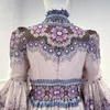 Lässige Kleider 2024 Herbst Top -Qualität Leinen Seiden lila Blumendruck Vintage Puffhülle Court Style Mini Kleider Perlen Frauen