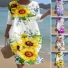 Vestidos casuais Vintage Summer Mulheres vestido estampa de flor redonda pescoço solto de meia-linha A-linear linho de algodão Bohemian praia midi