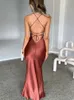 Articat Satin Backless Lace Up Mermaid Slip Dress Women Sweetheart Neck Sexy Slim Bodycon Dresses Elegant Silk Gown Partywear 240428