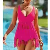 Swimswear féminin Summer 2 pièces Push Up Bikini Set Sans manches Deep V-N couche-manche à franges de franges solide