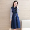 Lässige Kleider Frauen Denim Kleider Frühling Herbst 2024 Korean Slim Patchwork Stripe Shirt Hemd Ärmel A-Line Mini Lady Modekleidung