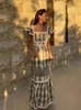 Elegant Print Striped Long Dress Women Square Collar Flying Sleeve Fashion Female Dresses Spring Summer Street Lady Robe 240425
