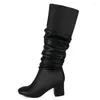 Boots Fashion Autumn Winter High for Women Pecked Black White Knee Boot Female Medium Heel Party Shoes Ladies Bekväma