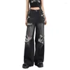 Dżinsy damskie rozryte Y2K High Street Boyfriend Pants Retro myted czarna prosta noga 2024 Moda