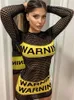 Robes décontractées Habbris Sexy Black Lettre imprimer mini-robe club Vêtements pour femmes 2024 Mesh à manches longues