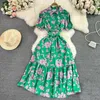 Party Dresses Summer Vintage Women Printed Long Dress Elegant Turn-Down Collar Single Breasted Short Sleeve High Waist A-Line Maxi Vestido