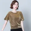 Blouses -shirts voor dames Casual Short Slve Tunic Blouse Red Black Shine Vrouwen Kleding Plezier Mode Elegant Shiny Pailles Glitter Shirt Tops 14081 Y240426