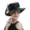 Sombreros de borde anchos sombreros de cubo premium fantasía de tela de satén negra sombrero de fotografía formal de fotografía cadenas de topas de boda de flores de moda para mujeres damas niñas y240426