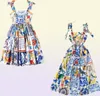 Modebanan sommarklänning nya kvinnor039s bow spaghetti rem rygglös blå och vit porslin blommig tryck lång klänning 2104098220869