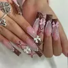 24 ste -bärbara fyrkantiga huvudballerina franska rosa falska naglar med lim full täckning falsk press på lång akryl manikyr tips 240419