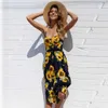 Grundläggande avslappnade klänningar damer retro solklänning sommaren 2024 Boho sexig midi klänningsknapp backless solros blommig fickband strand kvinnliga klänningar kläder y240429