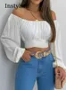 女性用ブラウスシャツレディースセクシーな肩か印刷されたシャツファッショナブルでエレガントなランタン長袖レースボウトップカジュアルスリムフィットシャツshirtl2405