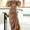 Ethnic Clothing Fashion Malaysia Elegant Satin Body-con Pleated Long Maxi Slim Muslim Dress For Women