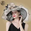 Brede rand hoeden emmer hoeden fs dames organza rode hoeden bruiloft fascinators elegante grote brede riem fedora kentucky derby hoeden feest formele kerk dames hoed y240426