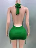 Casual jurken flitsende strass green sexy halter backless backless transparante schede mini jurk verjaardag vieren kostuum dames danser prom