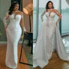 Luxury Wedding Dress for Bride Mermaid Plus Size Sheer Neck Long Sleeves Beaded Lace Wedding Gowns with Detachable Train for Marriage for Nigeria Black Women W029