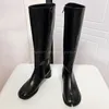 Boots ippeum genou en cuir haut divisé toe marron plus taille 44 gros talon noir chez les femmes