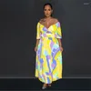 Imprezy z ramionami Seksowna geometryczna druk Kobiety Summer Długie plisowane sukienka 2024 Casual Vacation Boho Maxi Ladies