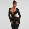 Casual Dresses 2024 Autumn Hollow Out Sticked Long Women Sexig V Neck Full Sleeve Sets Up Backless Bodycon Maxi Party Beachwear