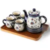 7.2oz Tea Cup and Sauce Set of 4 Polish Pottery Style Porcelain Ceramic 10 Piece 28.2oz Teapot 1 Wooden Tray Cups Bar 240428