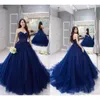 Платье Quinceanera Vintage Prom без бретелек темно -синее кружев