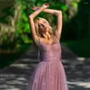 Vestidos de fiesta Uzn A Line Starry Pink Press Dress Sweetheart Sleats Glitter Tulle Tulle Spaghetti Spaghetti con huesos