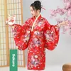 Etniska kläder kimono klänning livliga körsbärsblomningstryck japanska uppsättningar för flickors cosplayskolans föreställningar traditionella elementära