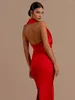 Casual jurken modphy vrouwen sexy backless mouwloze halter v-neck rood gedrapeerde maxi long bodycon jurk 2024 elegante Pary Evening Wedding