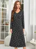 Women's Sleepwear Heart Print Women Nightgown V Neck Long Slves Slpwear Ruffle Hem Fall Female Nightwear Homwear Clothing Pajama Dress Y240426